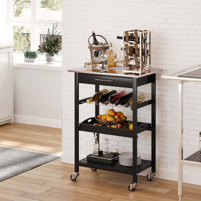 Chariot de service contemporain avec îlot de cuisine, chariot de service à roulettes avec plateau en acier inoxydable, support à vin et tiroir