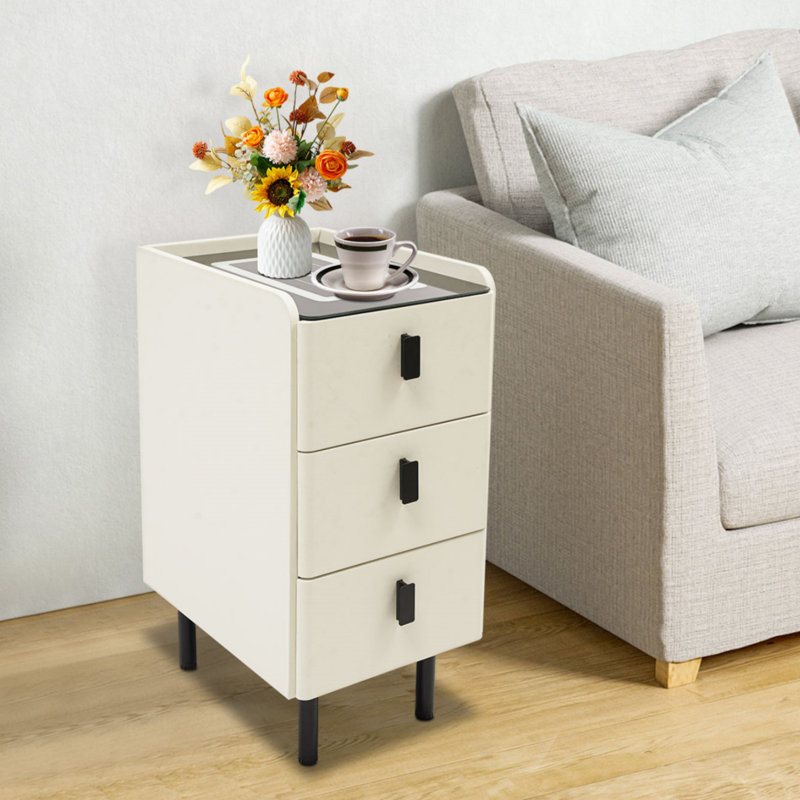 Table de chevet avec station de charge sans fil, table de chevet étroite à trois tiroirs, table de chevet moderne avec lumière DEL
