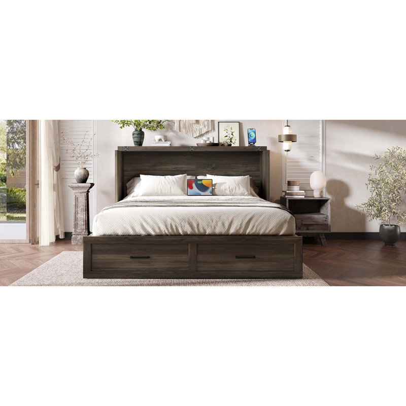Grand lit escamotable Murphy avec station de charge, lit plateforme pliable multifonctionnel avec 1 grand tiroir de rangement pour chambre d'amis, petite chambre
