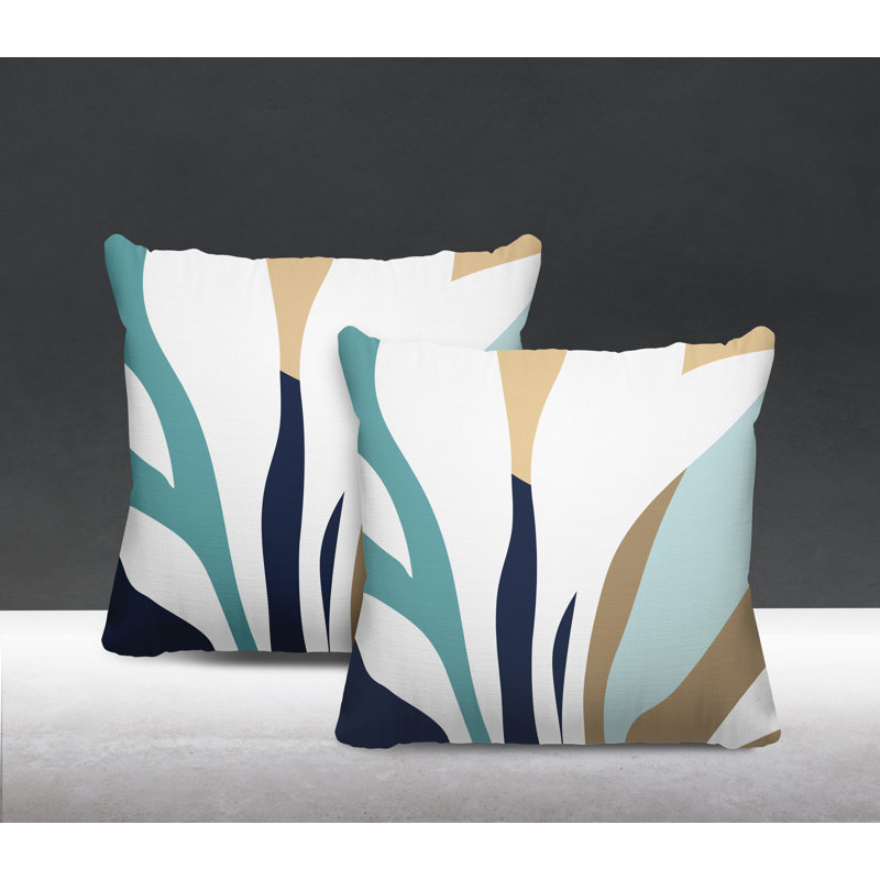 Outdoor Reversible Throw Pillow, 15W" x 15H", Turquoise/Navy Blue/Beige