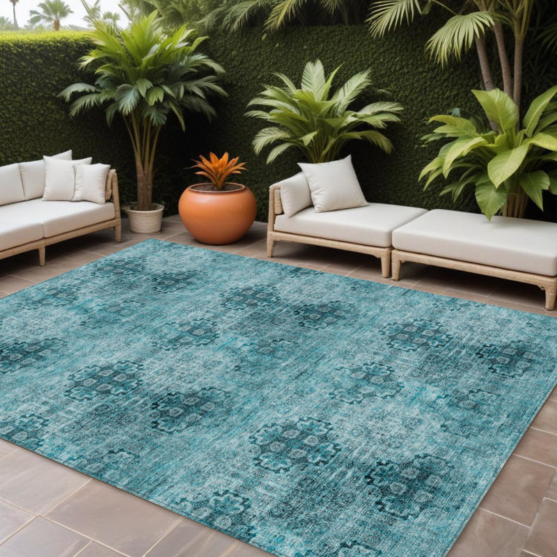 10' X 14' Teal Floral Medallion Washable Non Skid Indoor Outdoor Area Rug, Rectangle 8' x 10' 