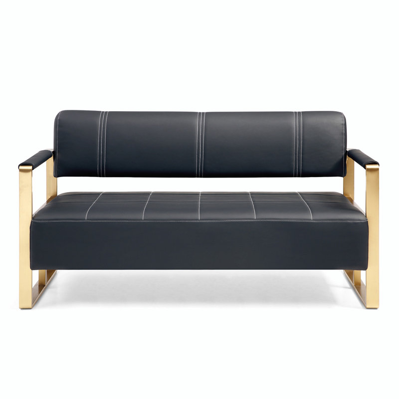 57.9" Width Modern Upholstery Faux Bonded Leather Loveseat Sofa For Living Room Accent Love Seats For Small Spaces 2 Seater Couch Sofa Office Apartment Studio Furniture With Golden Metal Arms