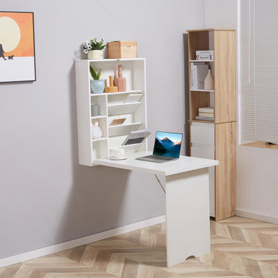 Bureau convertible mural pliable, bureau flottant multifonctionnel avec tablette de rangement