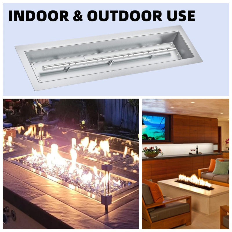304 Stainless Steel Dual Row Gas Fire Pit Burner Kit – Complete Installation Accessories, Linear Fireplace Burner – Silver for Indoor/Outdoor Patio, Garden, Fire Table