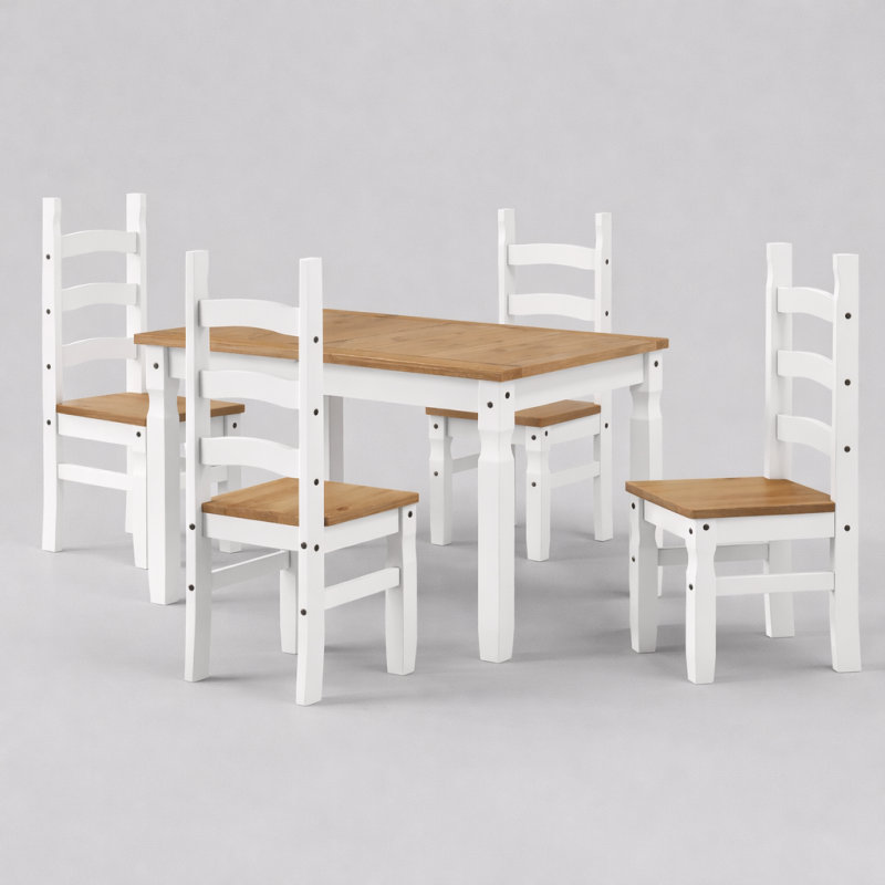 4 - Person Pine Solid Wood Dining Set, White/Natural, White 