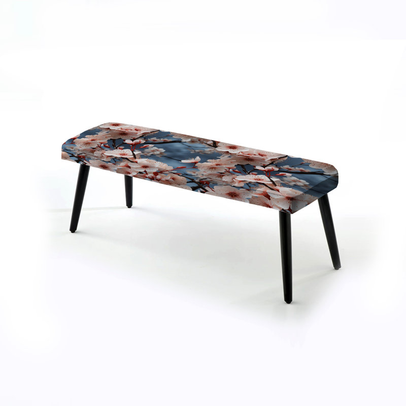 Cherry Blossom Whispers - Oriental Upholstered Black Bench