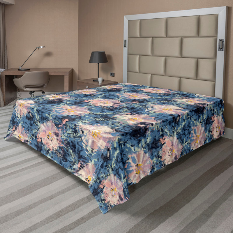 Drap plat Ambesonne, Motif floral bleu, Drap plat pour très grand lit californien