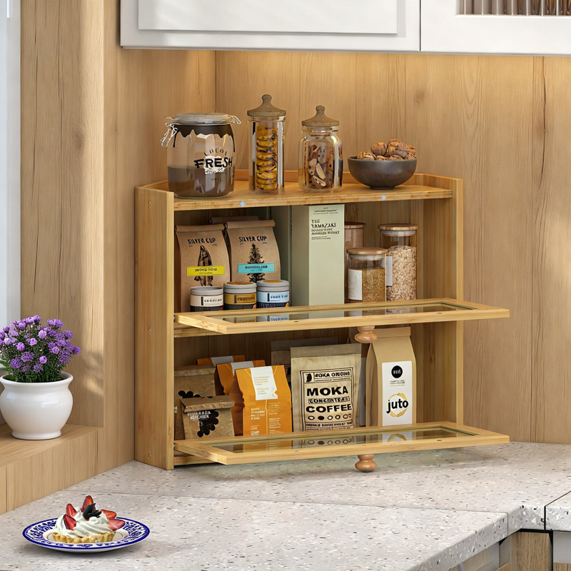 Corner Bread Box, Large Bread Container Storage,Farmhouse Bread Box with Window Bread Holder(Bamboo), Bamboo