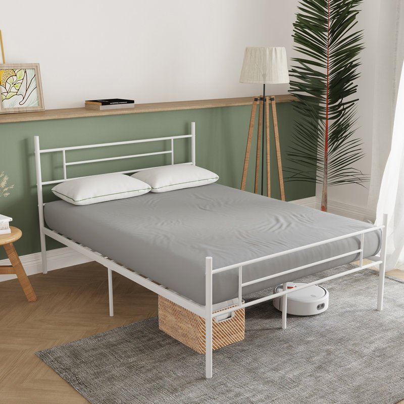 Lit plateforme en métal 14 "avec tête de lit, Simple, Blanc
