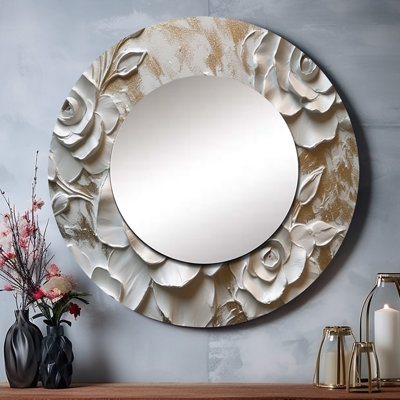Quienton White Roses In Bloom - miroir rose, miroir mural rond blanc unique, impression d'art en métal