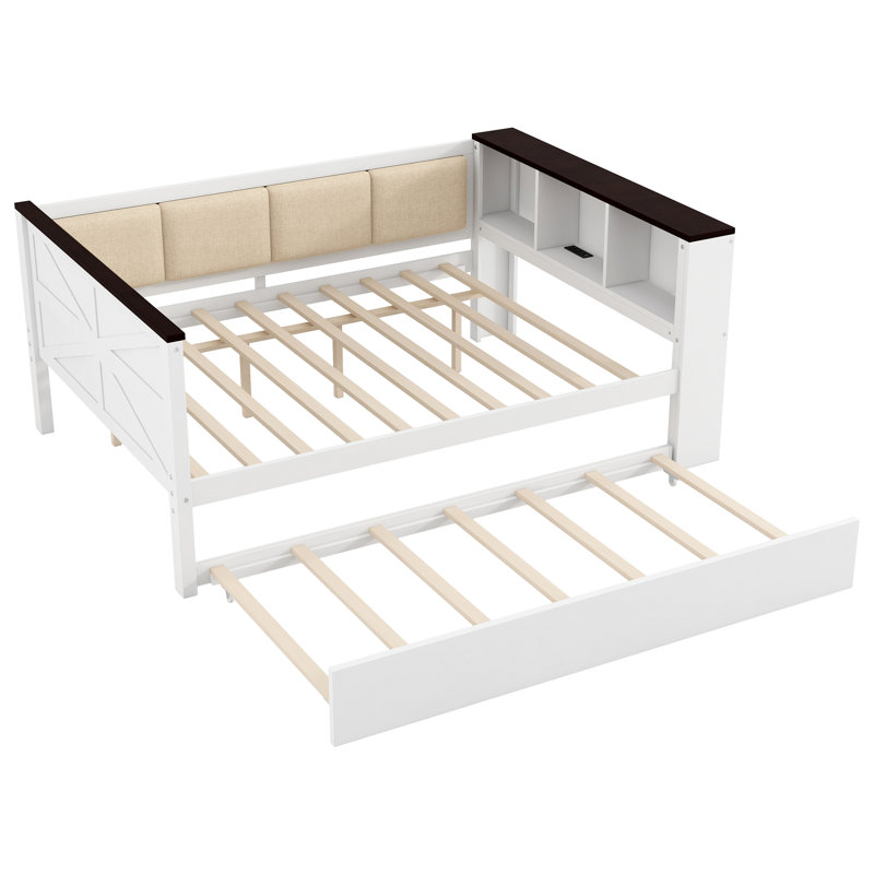 Full Size Wood Daybed with Trundle, Storage Shelves, Upholstered Backrest & USB Charging, White, Full/Double