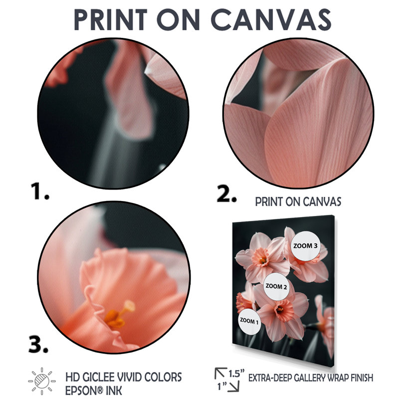 «Pink Black Ethereal Emblem Daffodils» - impression d'art mural jonquilles, Cadre flottant noir, H 16 po x l 32 po