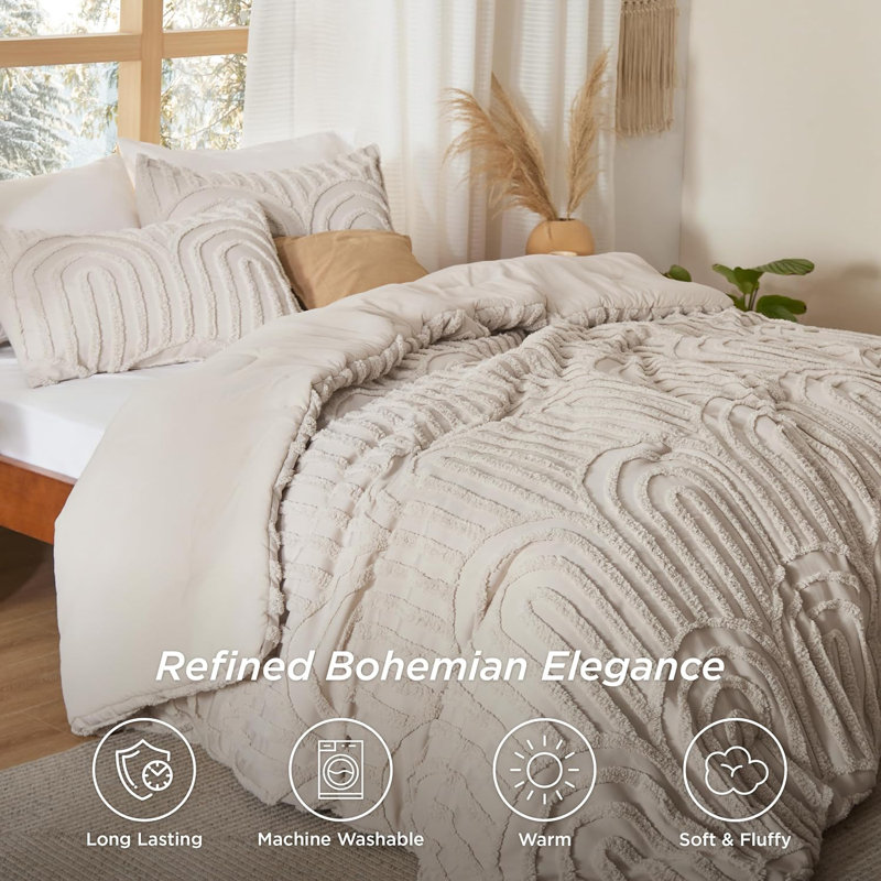 Comforter Set-Arch Jacquard Boho Bedding Sets, Queen Comforter + 2 Standard Shams, Beige
