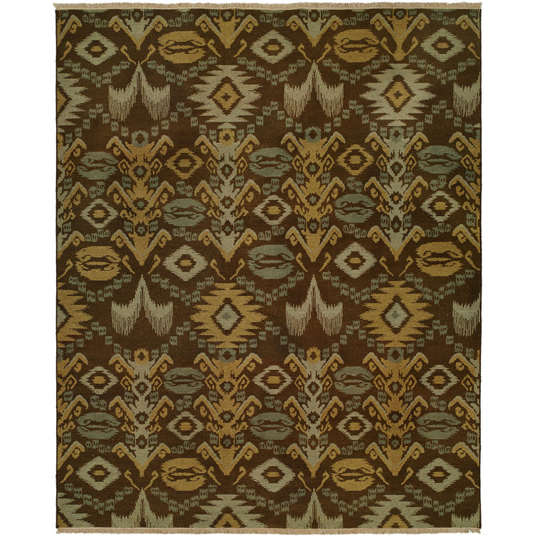 Tapis décoratif en laine tissé à la main brun/vert ikat