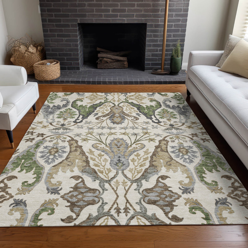 Ivory and Green Washable Rectangular Area Rug