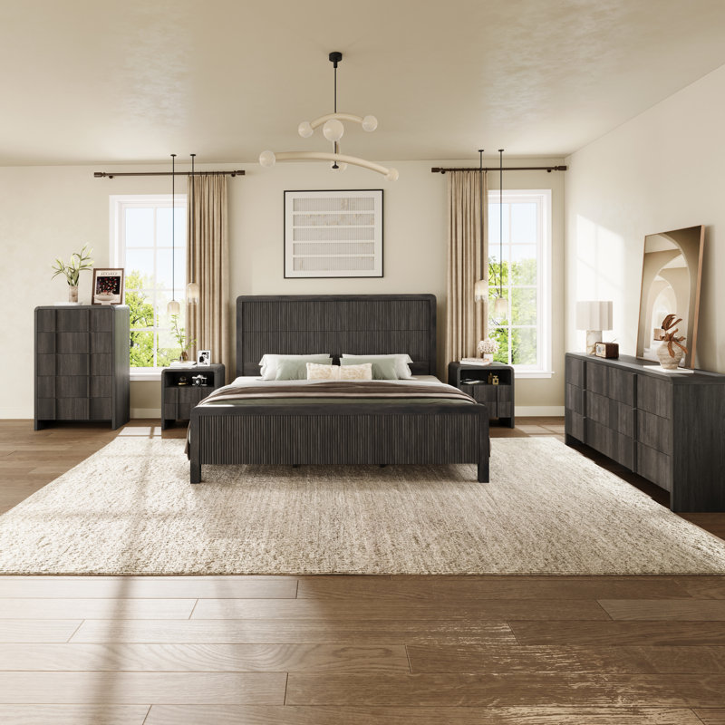 Ensemble de chambre à coucher 4 pièces à grain de bois moderne avec lit plateforme, commode à 5 tiroirs et table de chevet * 2, très grand, noir