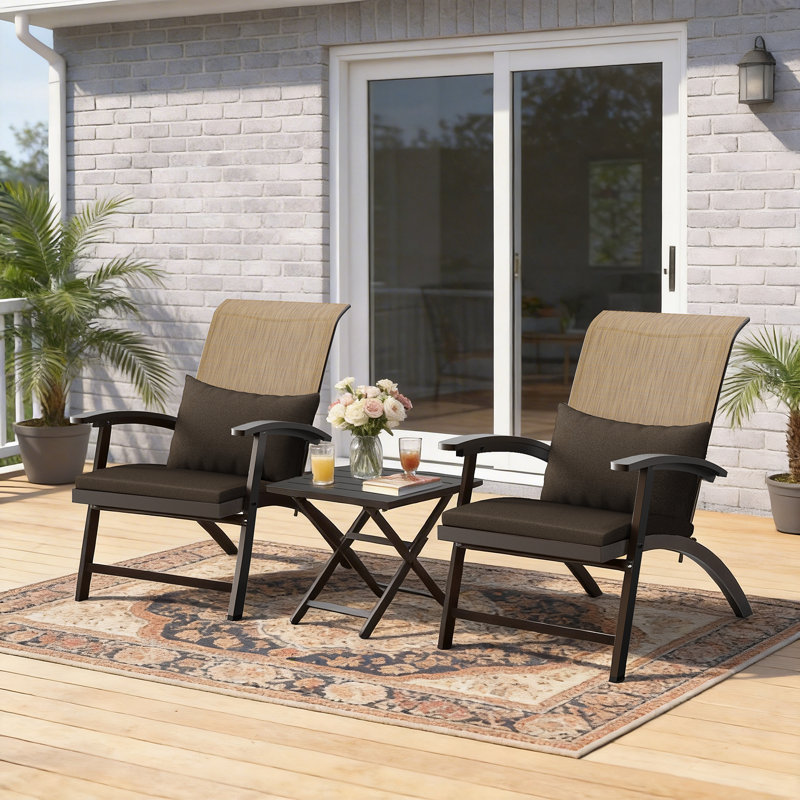3-Piece Outdoor Patio Furniture Set, Folding Conversation Set with Coffee Table, Adirondack Chairs for Garden, Balcony, Backyard, Poolside, All-Weather Wicker Patio Chairs (Brown Cushion)