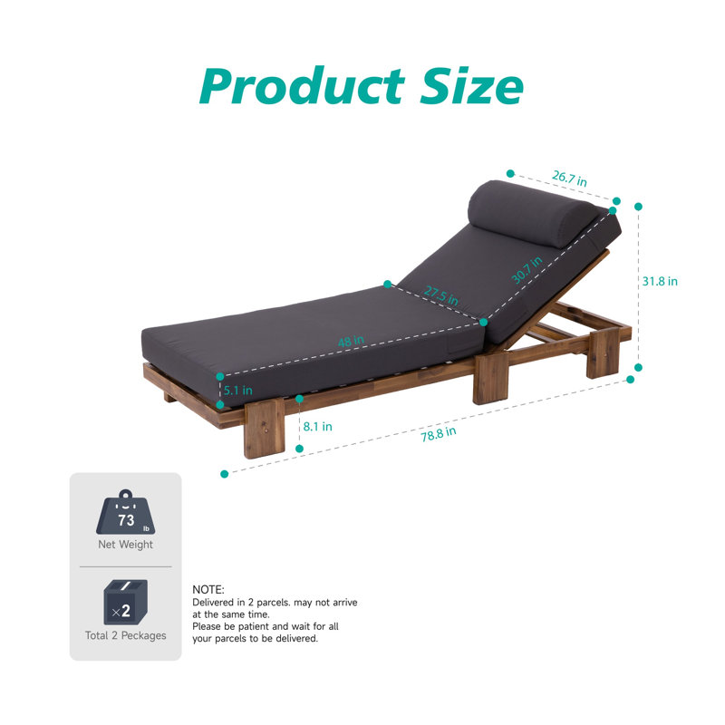 78.8'' Acacia Wood Outdoor Chaise Lounge Chair, Adjustable Recliner With Cushioned Headrest & Retractable Side Tray, Weather Resistant Easy Assembly, For Patio Poolside Garden Terrace Beach