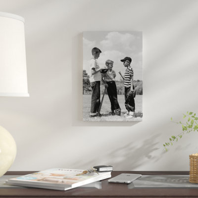 " 1950s Boys Baseball Threesome One Holding Bat Others Wearing Mitts Having Discussion " by Vintage Images