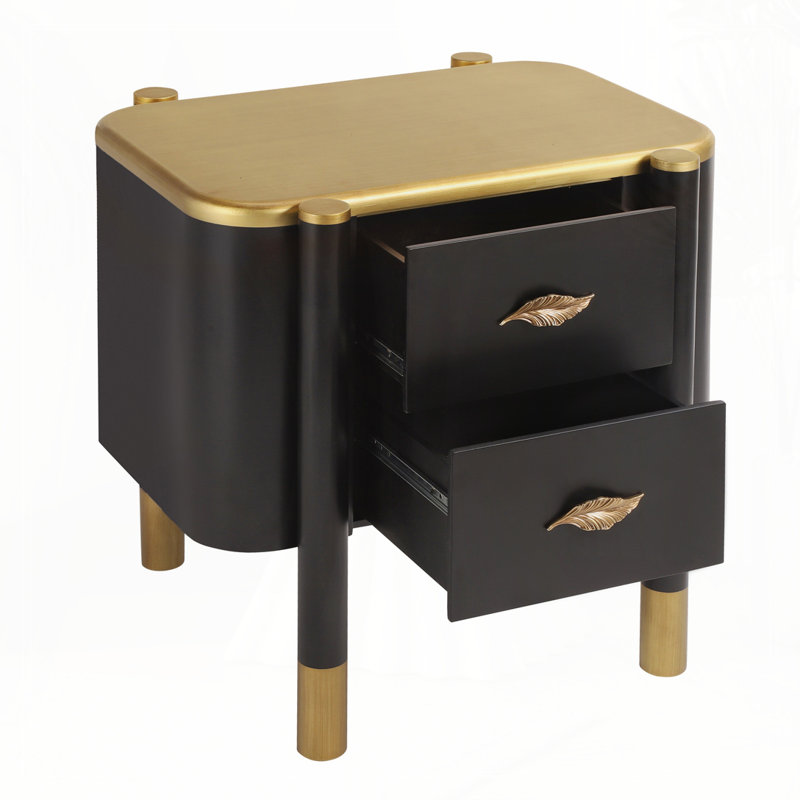 Table de chevet 2 tiroirs avec profil incurvé, table de chevet avec poignées en forme de plumes en métal et pieds exposés