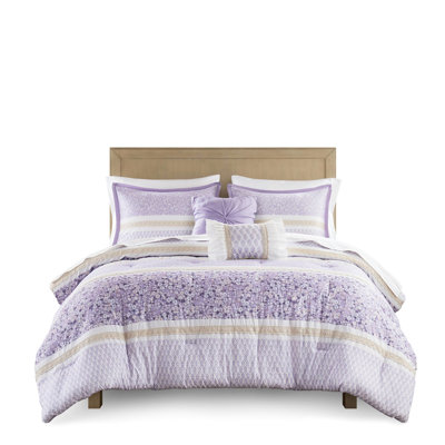 5 Pcs Full/queen Seersucker Comforter And Pillow Ensemble - Decor, Three Floral Patterns, Lace Trimmed Pillows Look, Botanical Prints, Filling, Machine Washable