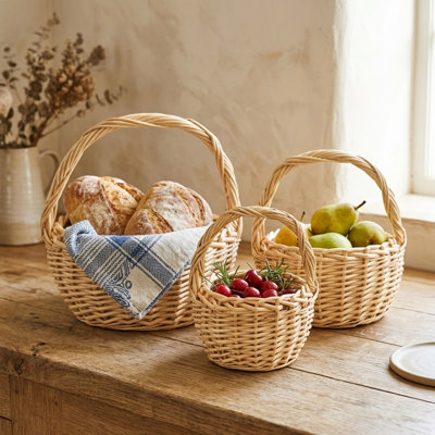 Myra Set of 3 Nesting Round Handle Baskets, Wicker Traditional Storage Baskets, Natural