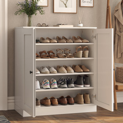 100% Solid Wood Shoe Storage Cabinet with Shaker Doors, Adjustable Shelves, Space Saving Stackable Entryway Organizer, 32" W x 35.75" H