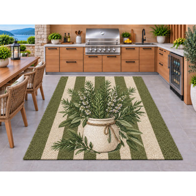 Tapis d'extérieur 5' x 7' avec vase en céramique à motif romarin, épais, solide et imperméable, en PVC bouclé, tapis de patio résistant, tapis intérieur/extérieur à séchage rapide pour cuisine, porche, terrasse, balcon et entrée.