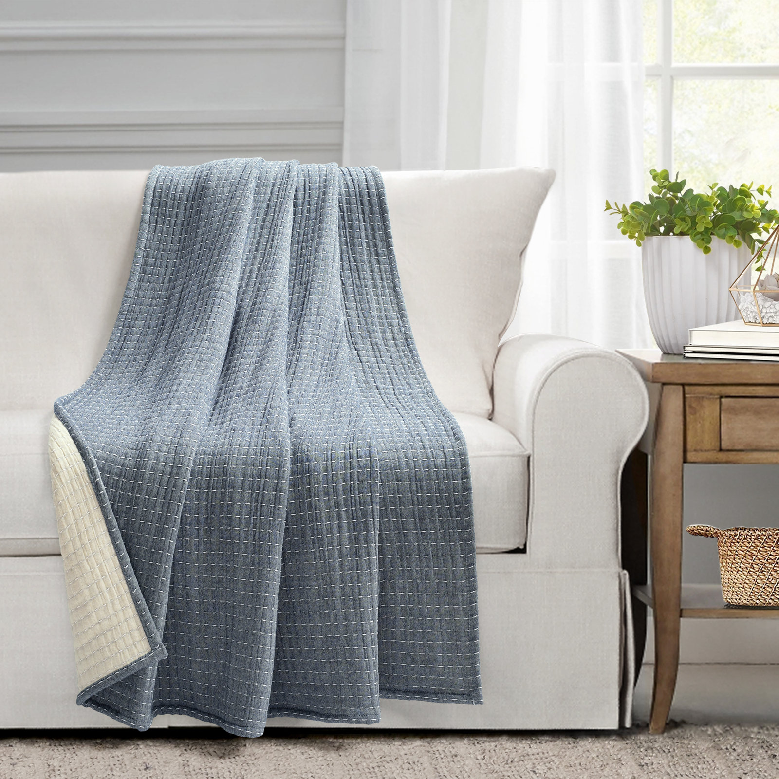 Windcrest Cotton Throw Blanket, Blue