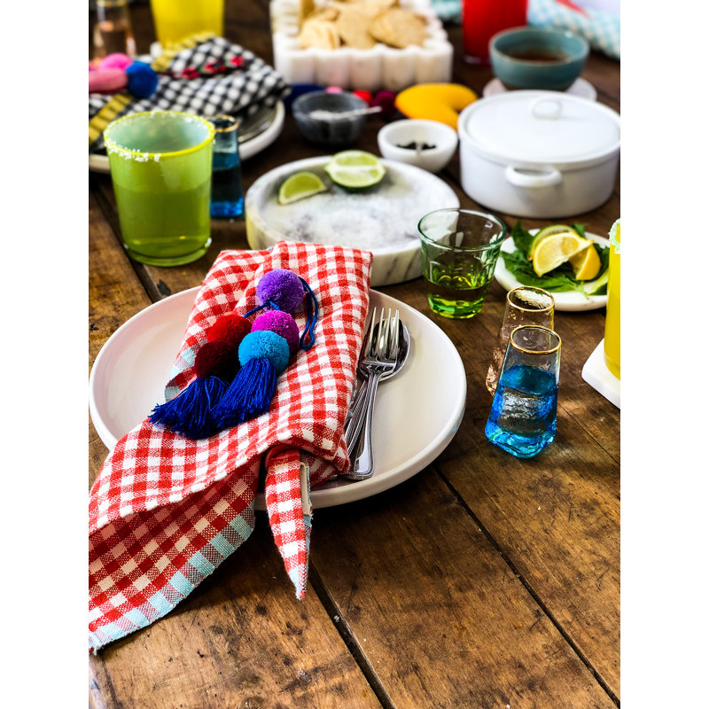 Gingham Linen Square Napkins, Orange/Aqua
