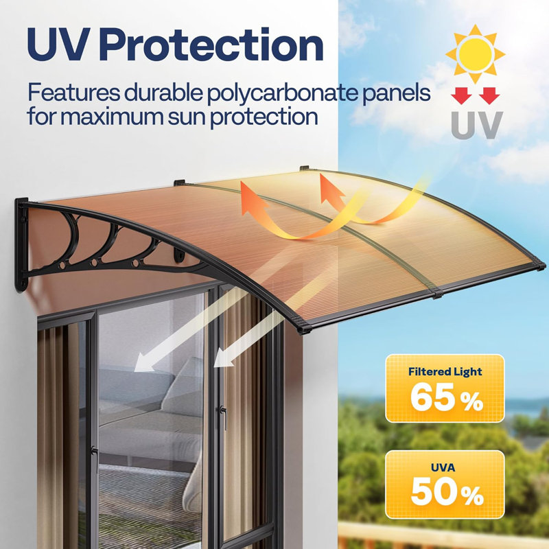 Polycarbonate Window Door Awning Canopy Brown with Black Bracket, 40 Inch x 80 Inch