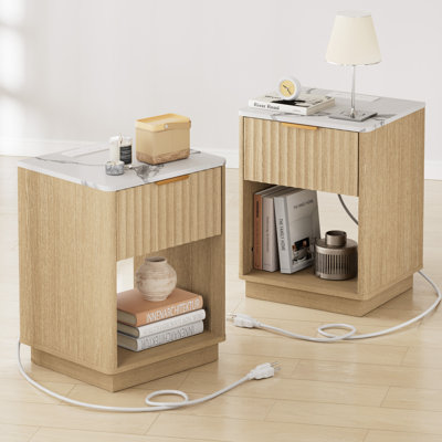 Seyla 18''W Fluted 1-Drawer Nightstand With Open Cubby, Wood Nightstand With Built-in Outlets (set Of 2)