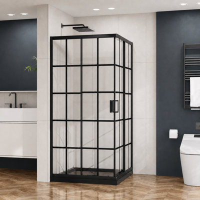 36"x72" Sliding Shower Enclosure, French Line Tempered Glass, Black Base & Matte Black Frame