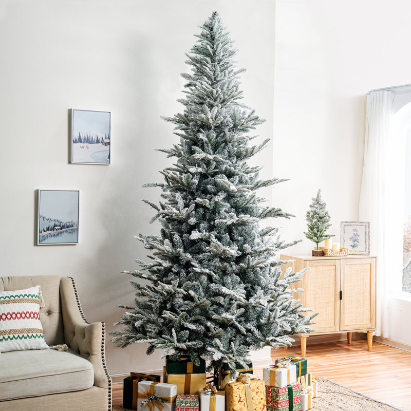 Rustic Snow-Covered Pre-Lit Christmas Trees with Warm Lights & Metal Stand, Sizes from 4.5 ft to 9 ft, 6.5'
