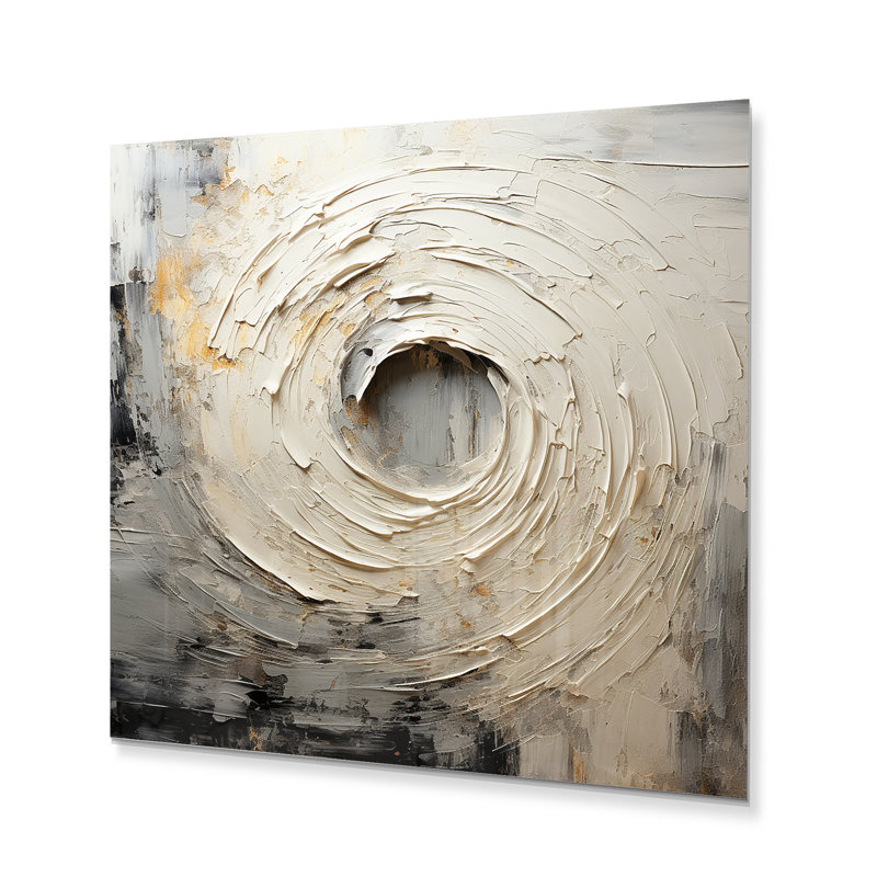 Mouvement méditatif gris et beige I - abstrait en spirale, art mural en métal, H 36 po x l 36 po x P 1,5 po
