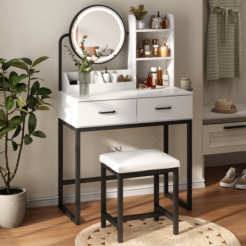 Borach 31.5" W Makeup Vanity with Lighted Mirror and Seat, White/Black