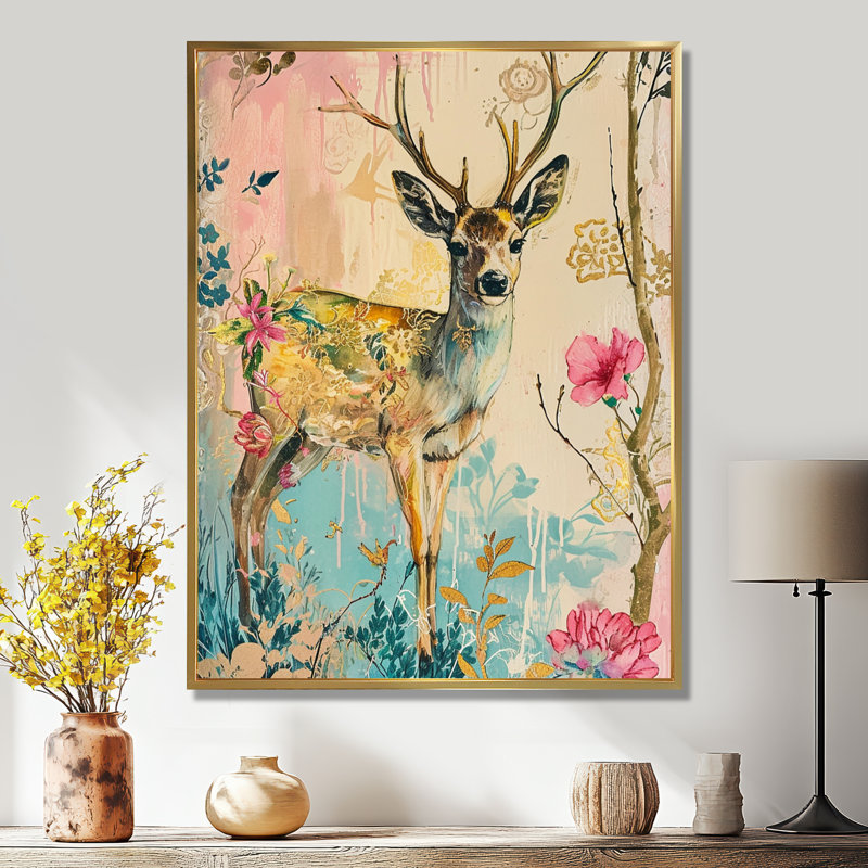 Fleur de cerf boho rétro - art mural animal cerf, Toile avec cadre doré, H 44 po x l 34 po x P 1,5 po