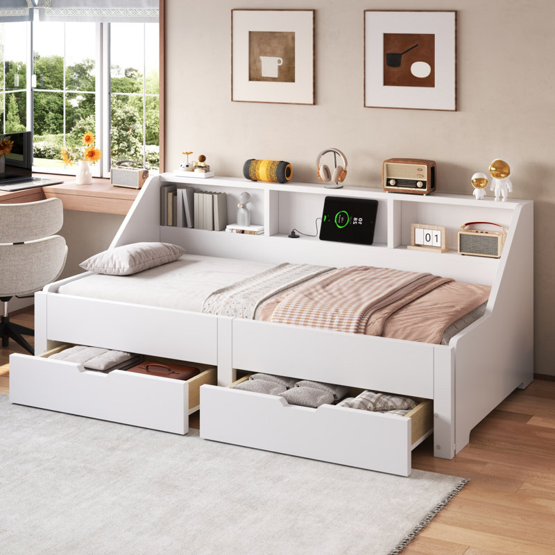 Structure de lit de jour simple à très grand avec lit gigogne, tiroirs de rangement, tête de lit bibliothèque et station de charge USB, blanc