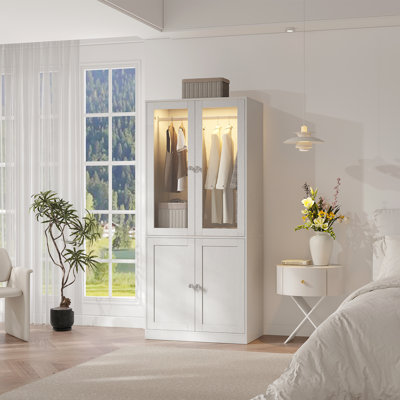75" Tall Armoire Wardrobe Closet with Drawers & Lights, Clothing Storage Cabinet with 2 Glass Doors 
