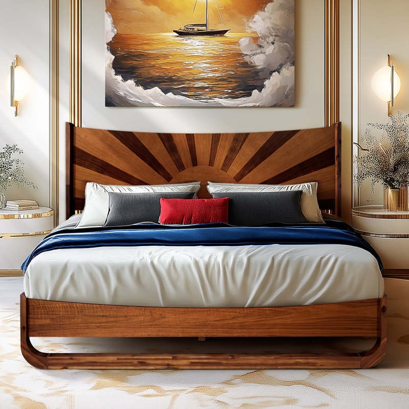  Sunset Solid Acacia Wood Queen Platform Bed, Tall Headboard, Mid-Century Art Deco Design, No Box Spring Needed, Sturdy Slat Support, Scratch & Water-Resistant, Walnut Finish