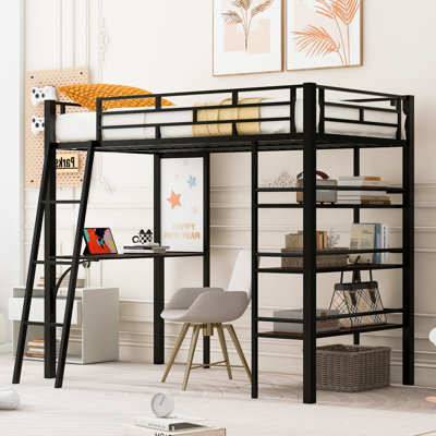 Lit Loft en métal avec 3 couches de tablettes et de bureau, lit élégant en métal avec tableau blanc