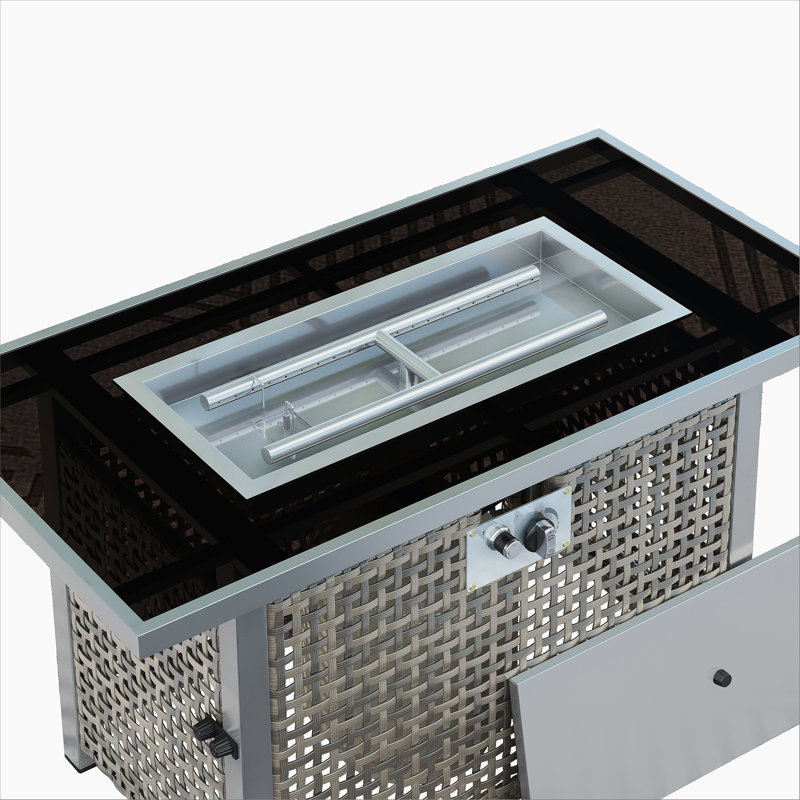 K&K 43" Propane Gas Fire Pit Table, 60000 BTU Rectangular Open Weave Wicker Fire Pit with Glass Wind Guard for Outside Patio Deck Garden Backyard - Grey