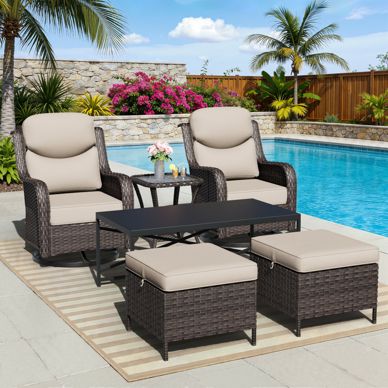 Adcox 2-Person Outdoor Rattan Patio Furniture Set with Swivel Chairs,Ottomans,Tables and Beige Cushions, Beige