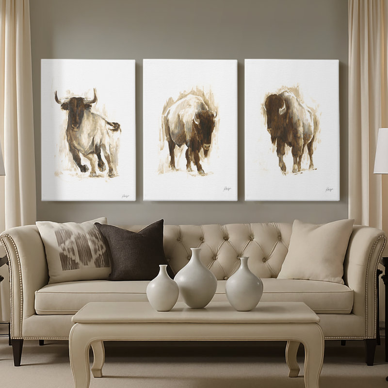 Rustic Bull II - Toile tendue avec châssis sur mesure - 3 pièces, H 27 po x l 54 po