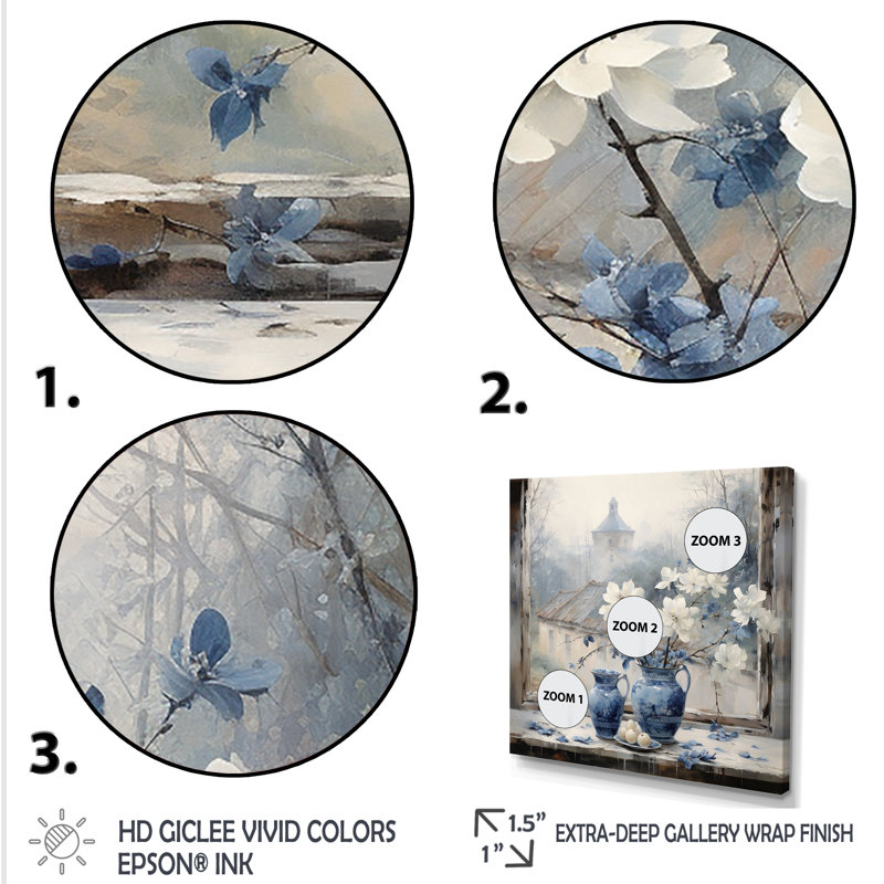 White And Blue Antique Floral Window Charm - Farmhouse Windows Wall Art, Black Floater Framed, 16" H x 16" W