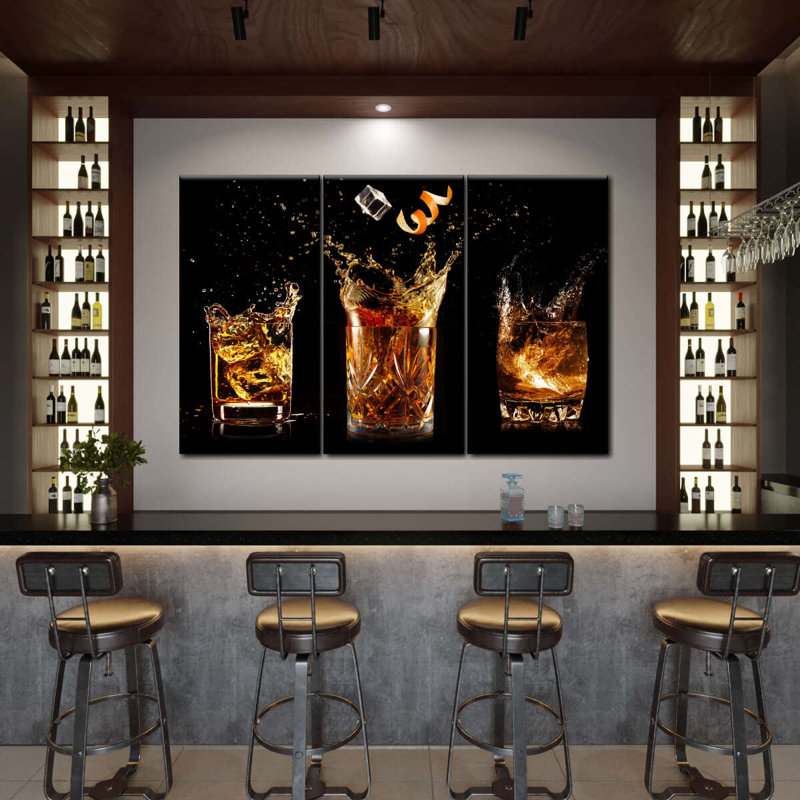 «Splashing Whiskey Glass», impression sur toile tendue 3 pièces, H 42 po x l 65 po x P 1,25 po