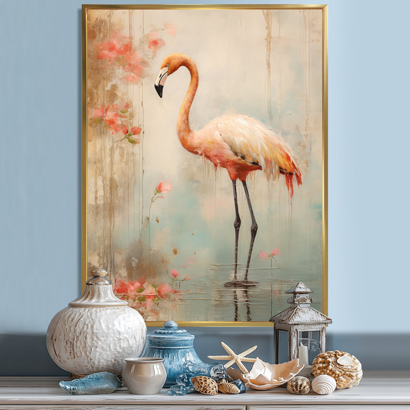 «Pink Flamingo Paradise IV», reproduction sur toile, H 40 po x l 30 po x P 1,5 po, Cadre flottant doré