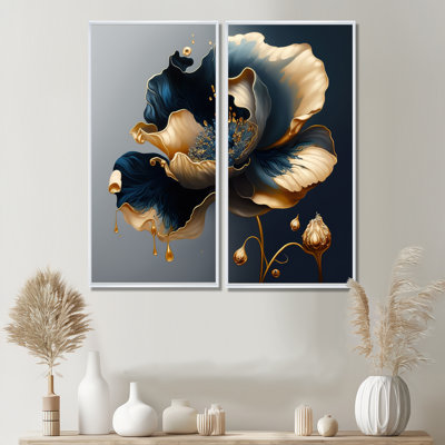 Bleu profond et fleur simple II - art floral floral mural 2 pièces