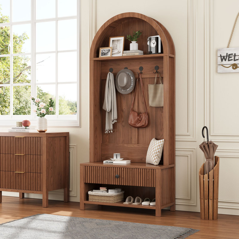 Porte-manteau arqué de 80 cm de large avec banc et rangement à chaussures, Noyer