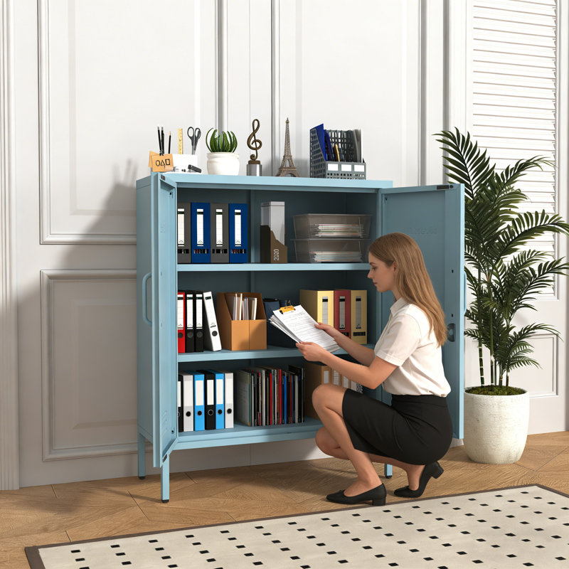 Multipurpose Metal Storage Cabinet with 2 Adjustable Shelves, Heavy Duty & Lockable Storage Organizer Made of Thickened Steel, Easy to Assemble for Home, Living Room